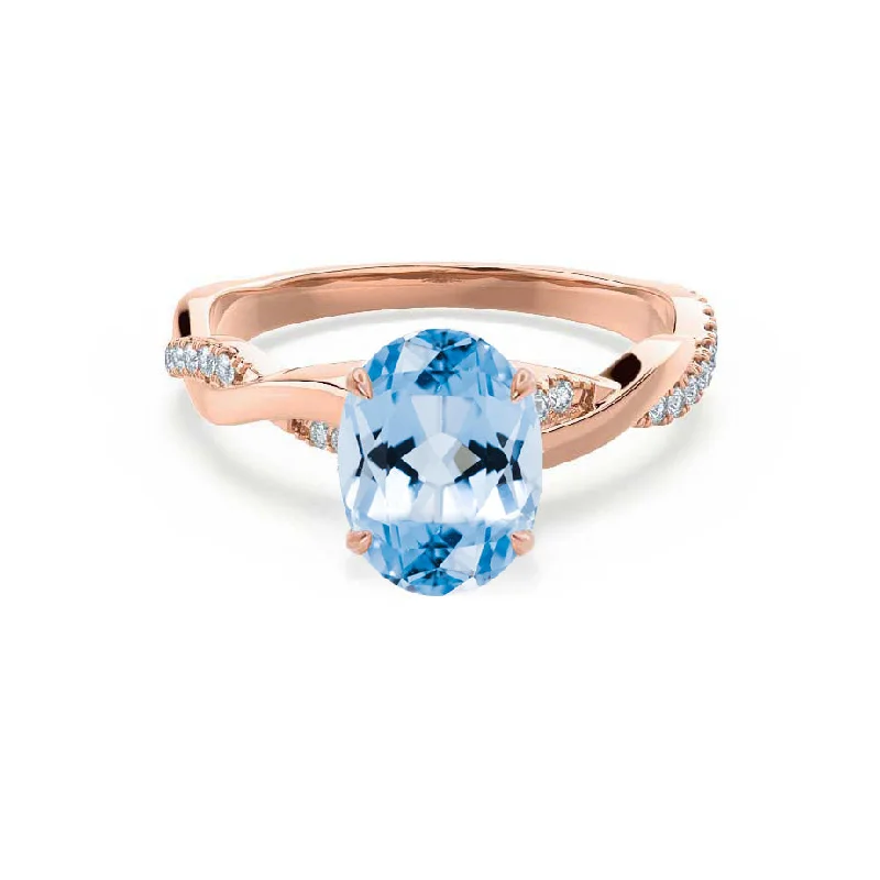 luxury engagement rings-EDEN - Chatham® Oval Aqua Spinel & Diamond 18k Rose Gold Vine Solitaire Ring