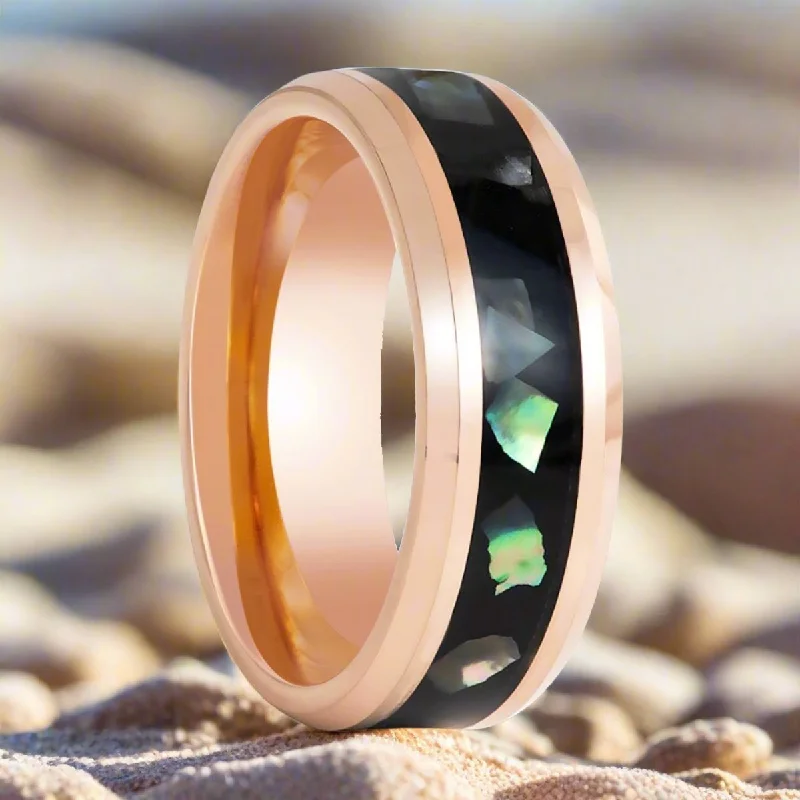 designer rings for women-RESINOVA | Rose Gold Tungsten Ring, Black Resin & Abalone Shell Inlay