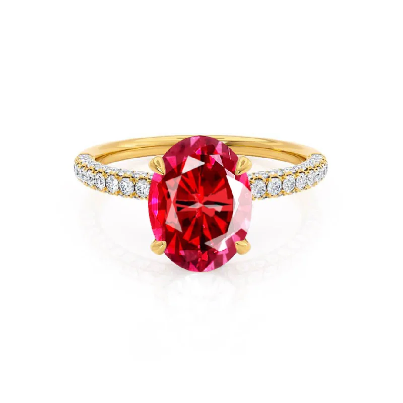 luxury engagement rings-COCO - Chatham® Oval Ruby & Diamond 18k Yellow Gold Petite Hidden Halo Triple Pavé Shoulder Set Ring