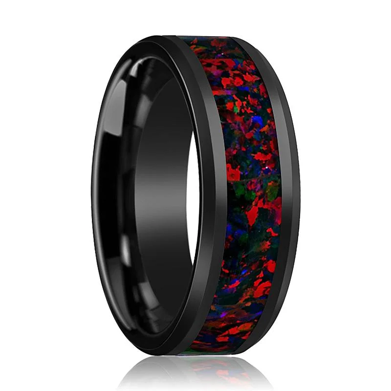 wedding band sets for women-MATRIX | Black Ceramic Ring, Black Opal Inlay, Beveled