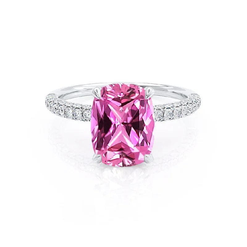 custom-made engagement rings-COCO - Chatham® Elongated Cushion Cut Pink Sapphire 950 Platinum Petite Hidden Halo Triple Pavé