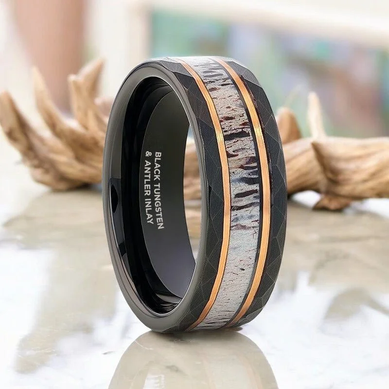 birthstone wedding rings for women-RUSTIC | Black Tungsten Ring, Deer Antler Inlay and Hammered Edges