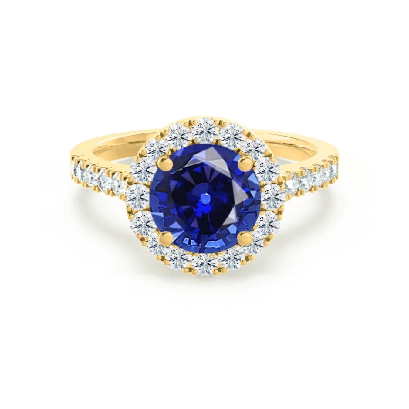 custom diamond engagement rings-CECILY - Chatham® Lab Grown Blue Sapphire & Diamond 18k Yellow Gold Halo Ring