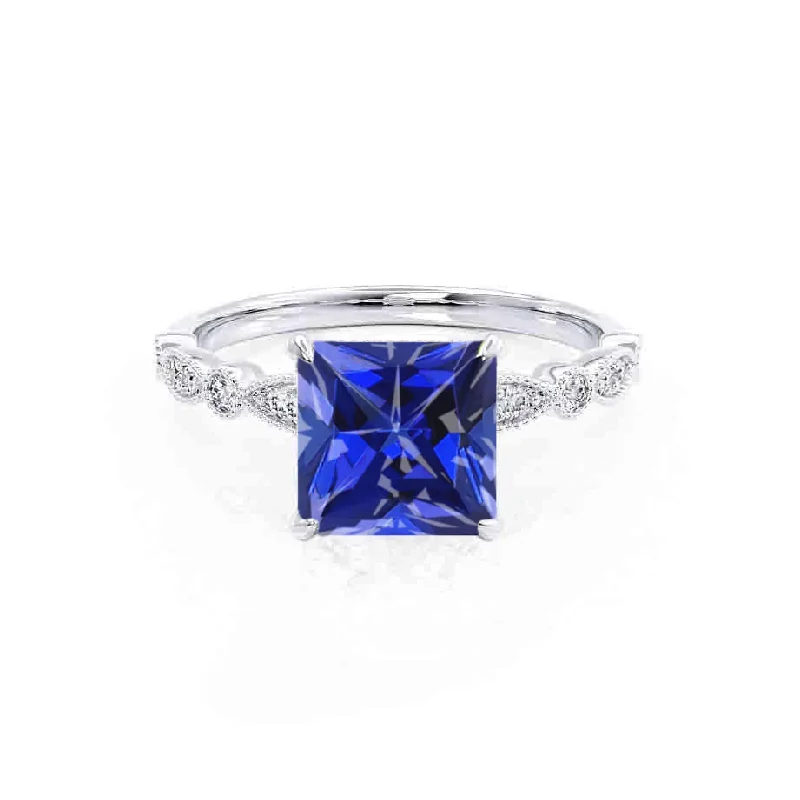 cushion-cut diamond engagement rings-HOPE - Chatham® Princess Blue Sapphire & Diamond 950 Platinum Vintage Shoulder Set