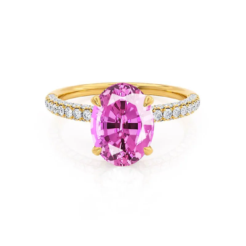 custom diamond engagement rings-COCO - Chatham® Oval Pink Sapphire & Diamond 18k Yellow Gold Petite Hidden Halo Triple Pavé Shoulder Set Ring