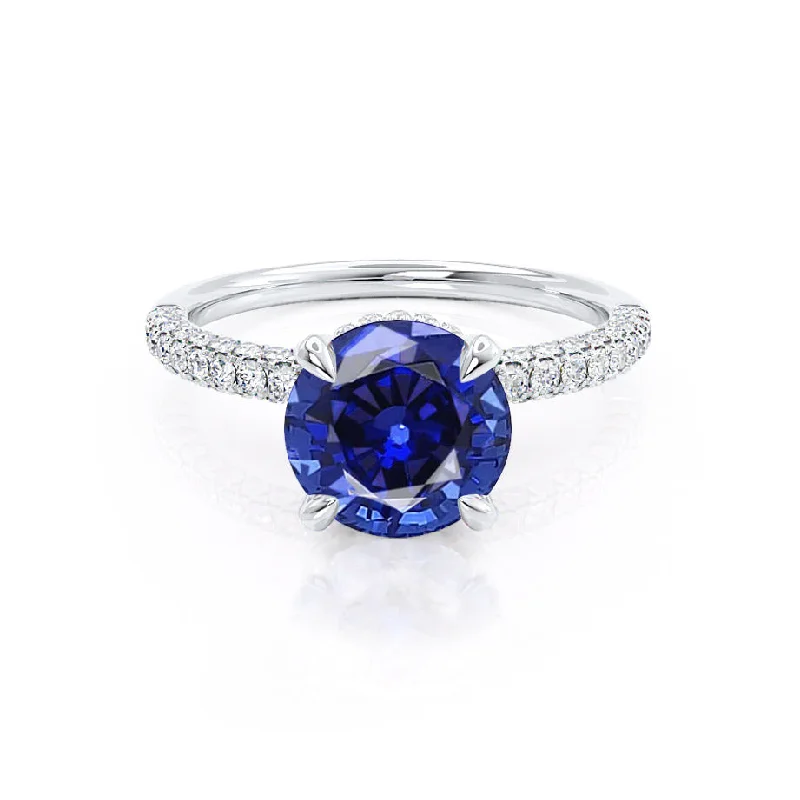 wedding band engagement rings-COCO- Chatham® Round Blue Sapphire & Diamond 18k White Gold Petite Hidden Halo Triple Pavé Shoulder Set Ring