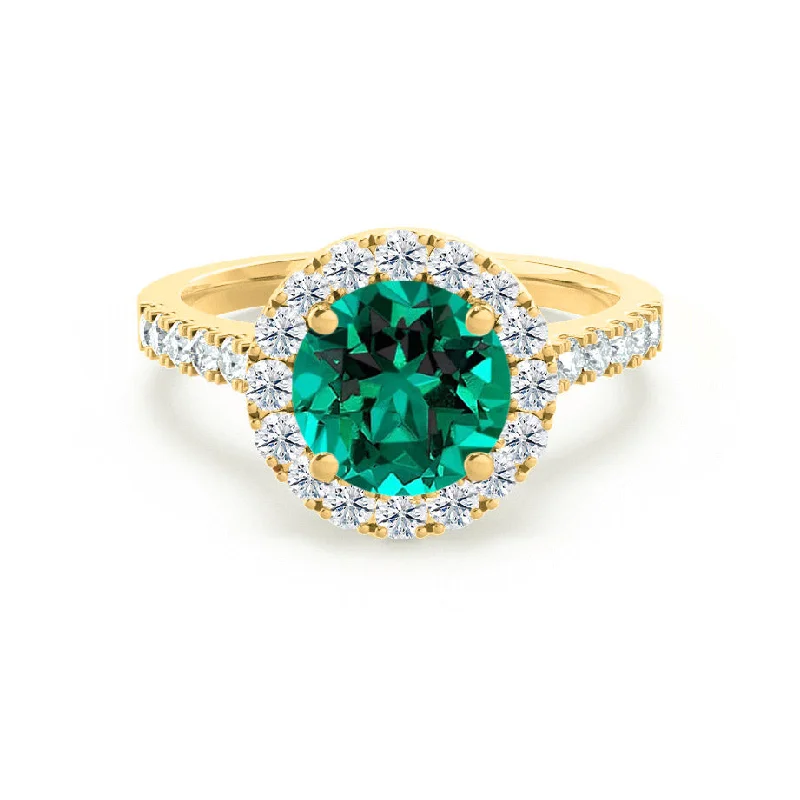 high-end engagement rings-CECILY - Chatham® Lab Grown Emerald & Diamond 18k Yellow Gold Halo Ring