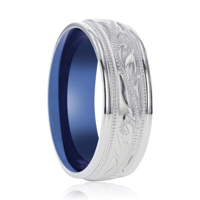 gemstone stacking rings for women-MARINER | Titanium Ring Blue Inside ilgrain Engraved