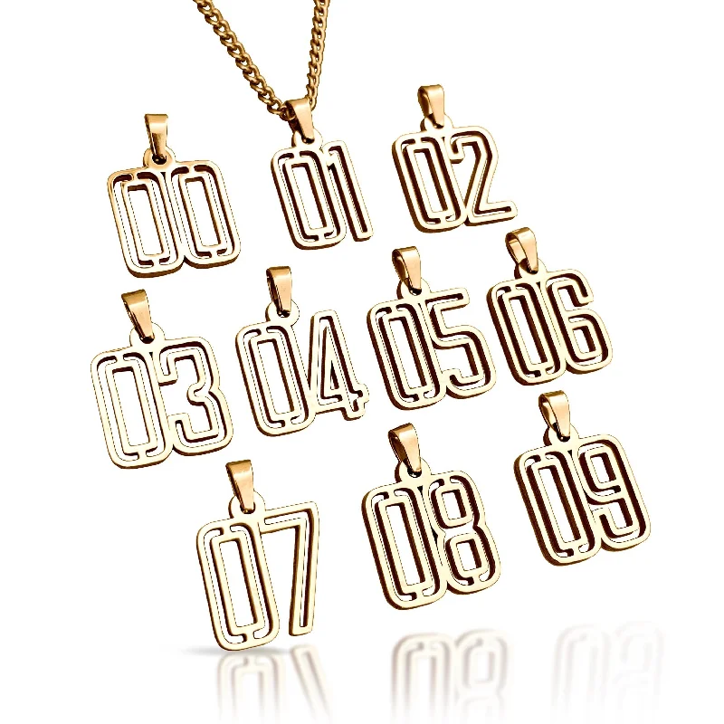 engraved necklaces for women-00-09 Varsity Number Pendants With Chain Necklace - 14K Gold Plated Stainless Steel