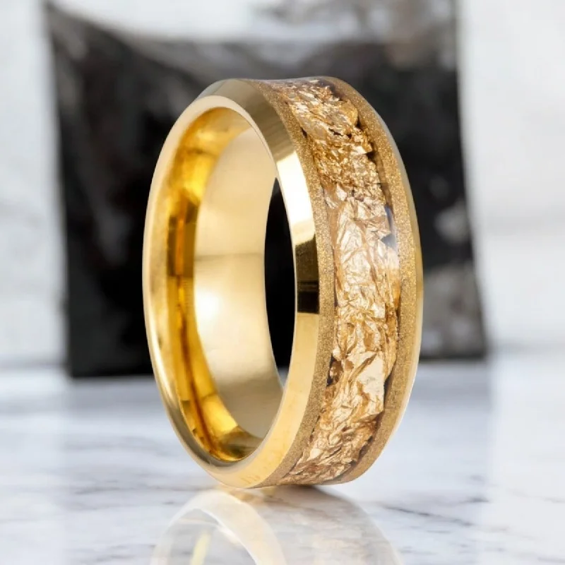 simple rings for women-AURION | Gold Tungsten Ring, Gold Foil Inlay, Beveled, 8mm