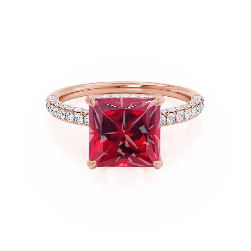 halo engagement rings-COCO - Chatham® Princess Ruby & Diamond 18k Rose Gold Hidden Halo Triple Pavé Shoulder Set