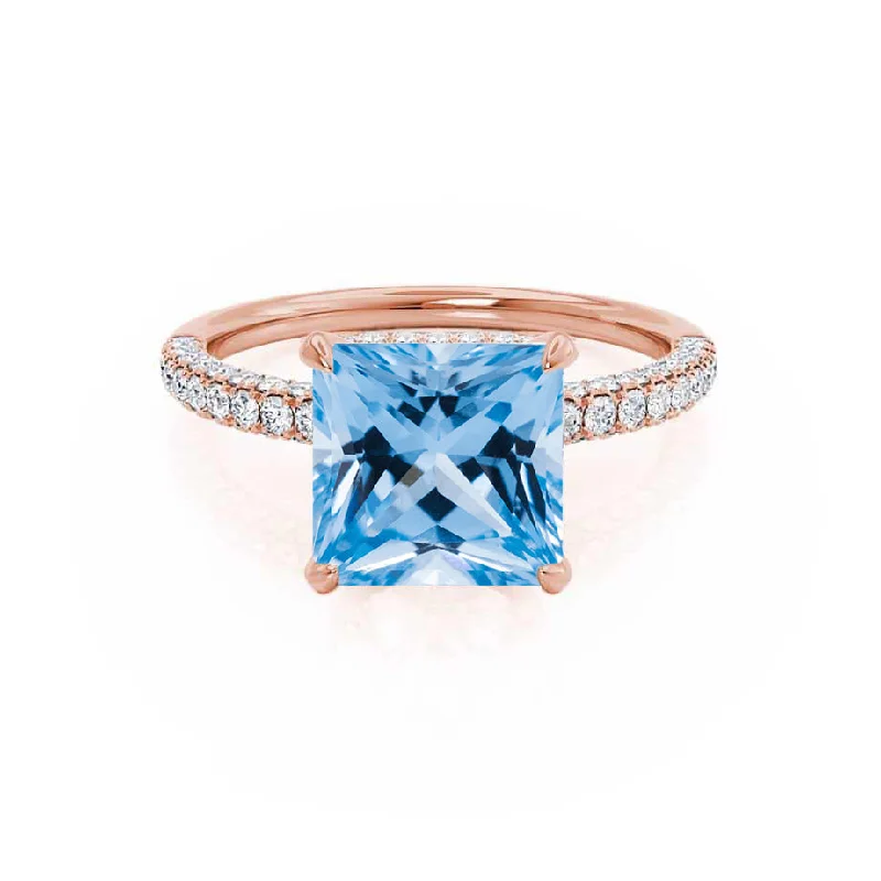 unique sapphire engagement rings-COCO - Chatham® Princess Aqua Spinel & Diamond 18k Rose Gold Hidden Halo Triple Pavé Shoulder Set