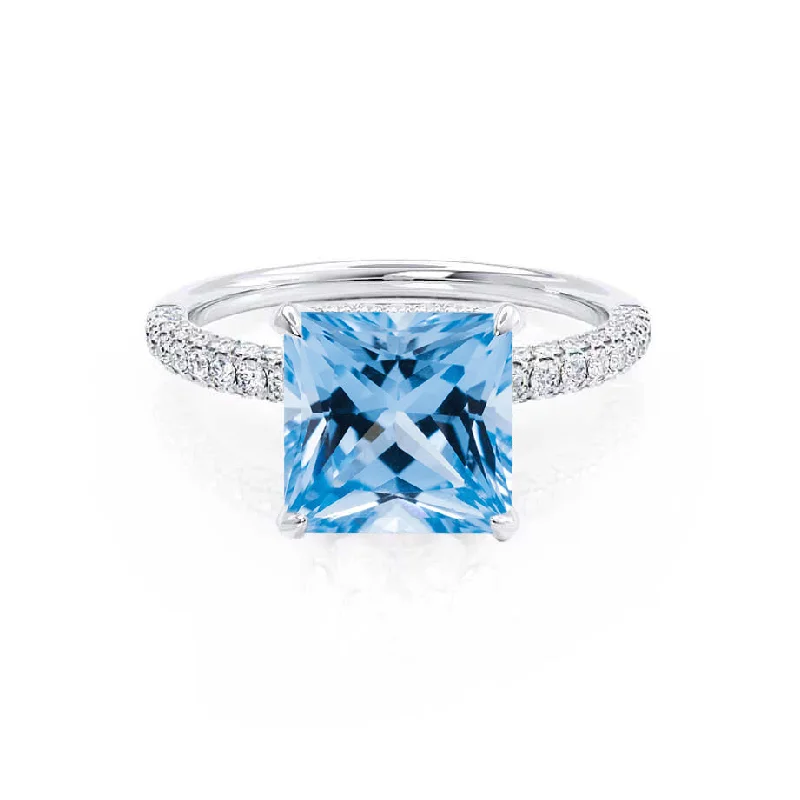 custom design engagement rings-COCO - Chatham® Princess Aqua Spinel & Diamond 950 Platinum Hidden Halo Triple Pavé Shoulder Set