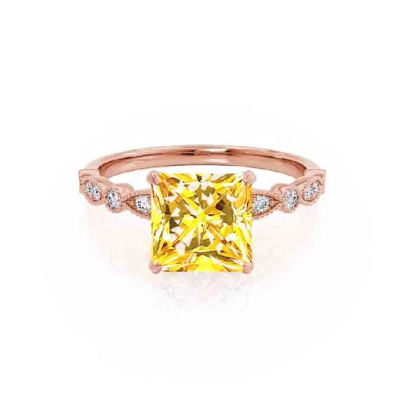 yellow gold engagement rings-HOPE - Chatham® Princess Yellow Sapphire & Diamond 18k Rose Gold Vintage Shoulder Set