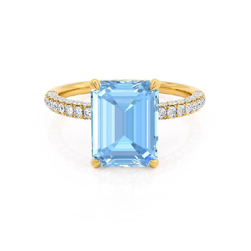 halo sapphire engagement rings-COCO - Chatham® Emerald Aqua Spinel & Diamond 18k Yellow Gold Petite Hidden Halo Triple Pavé Ring