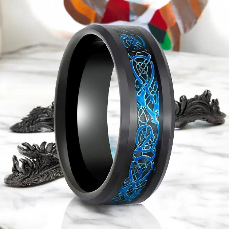 silver engagement rings for women-BLUEKNOT | Black Tungsten Ring, Black and Blue Celtic Inlay, Beveled