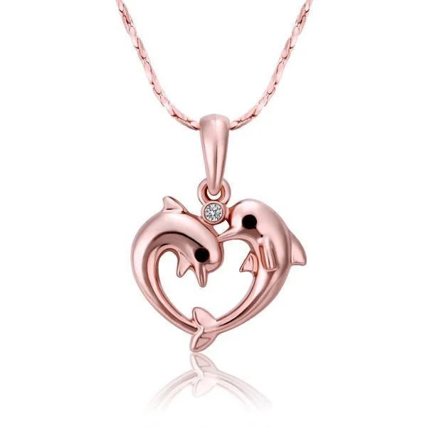 rose quartz necklaces for women-18K Real Rose Gold Plated Heart Shaped Dolphin Pendant and Necklace