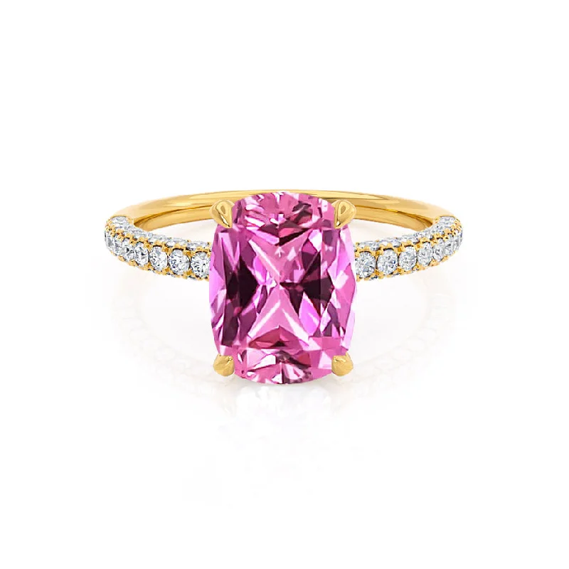 large diamond engagement rings-COCO - Chatham® Elongated Cushion Cut Pink Sapphire 18k Yellow Gold Petite Hidden Halo Triple Pavé