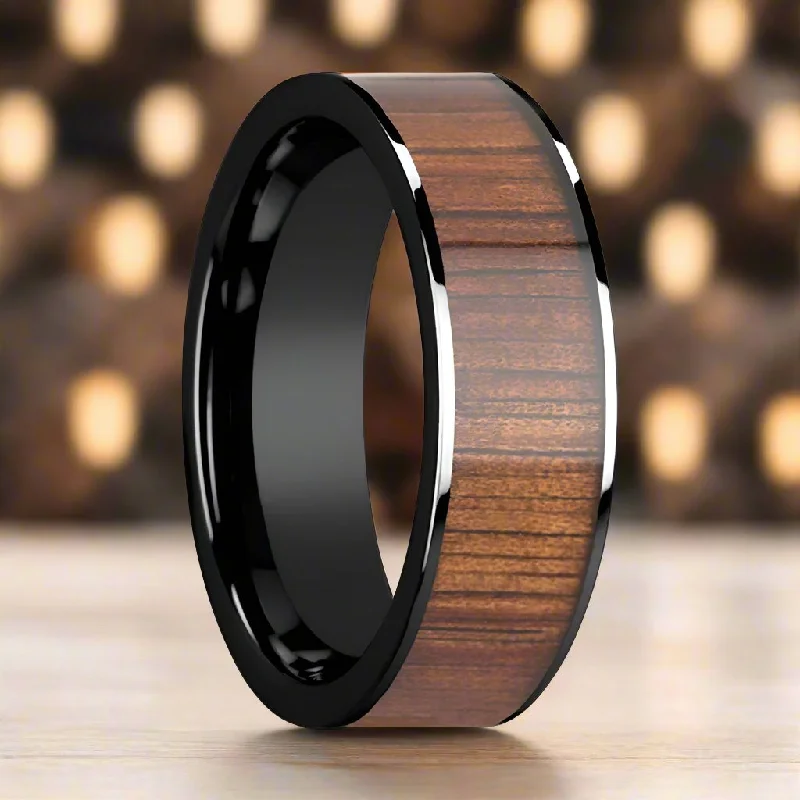 diamond wedding bands for women-ATREUS | Black Ceramic Ring, Koa Wood Inlay, Flat