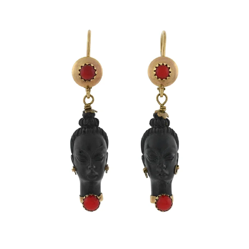 gold hoop earrings for women-Vintage 10kt Faux Coral + Carved Wood Resin Blackamoor Earrings