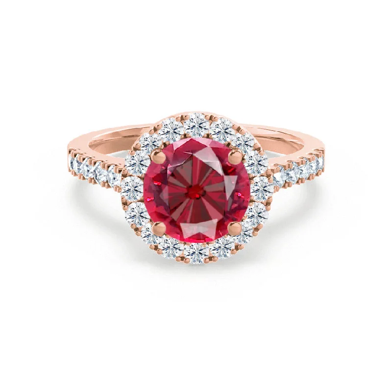 affordable engagement rings-CECILY - Chatham® Lab Grown Red Ruby & Diamond 18k Rose Gold Halo Ring