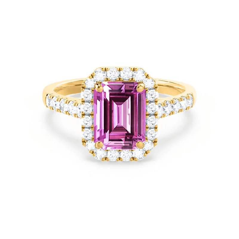 vintage wedding engagement rings-ESME - Chatham® Emerald Lab-Grown Pink Sapphire & Diamond 18k Yellow Gold Halo