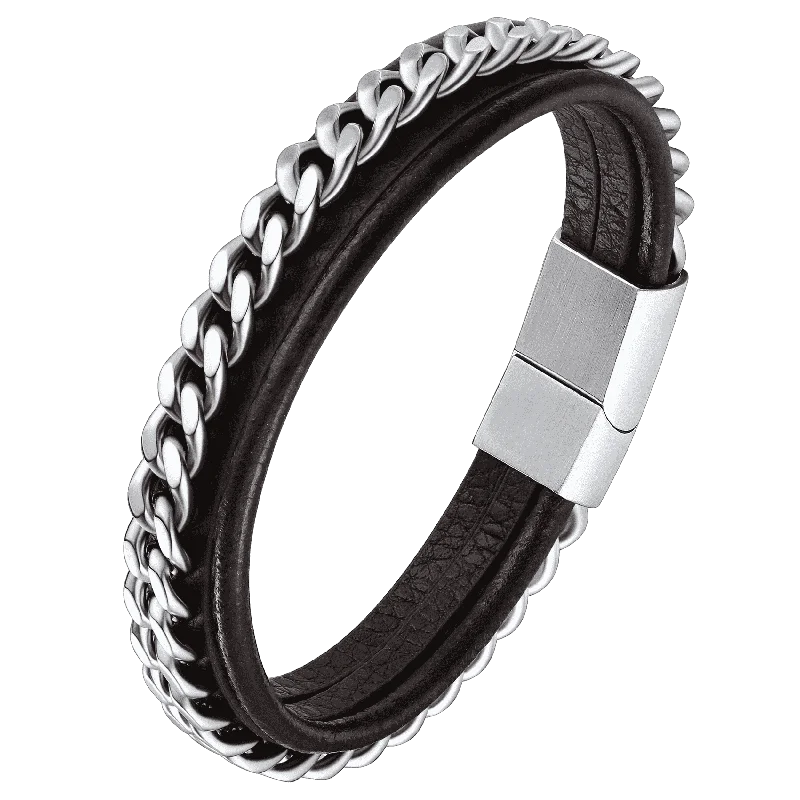 large bangles for women-Customized Black Braided Leather Bracelet Cuff with Chain for Men Son