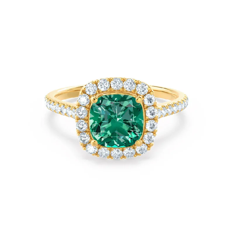 princess cut engagement rings-VIOLETTE - Chatham® Cushion Emerald & Diamond 18k Yellow Gold Petite Halo Ring