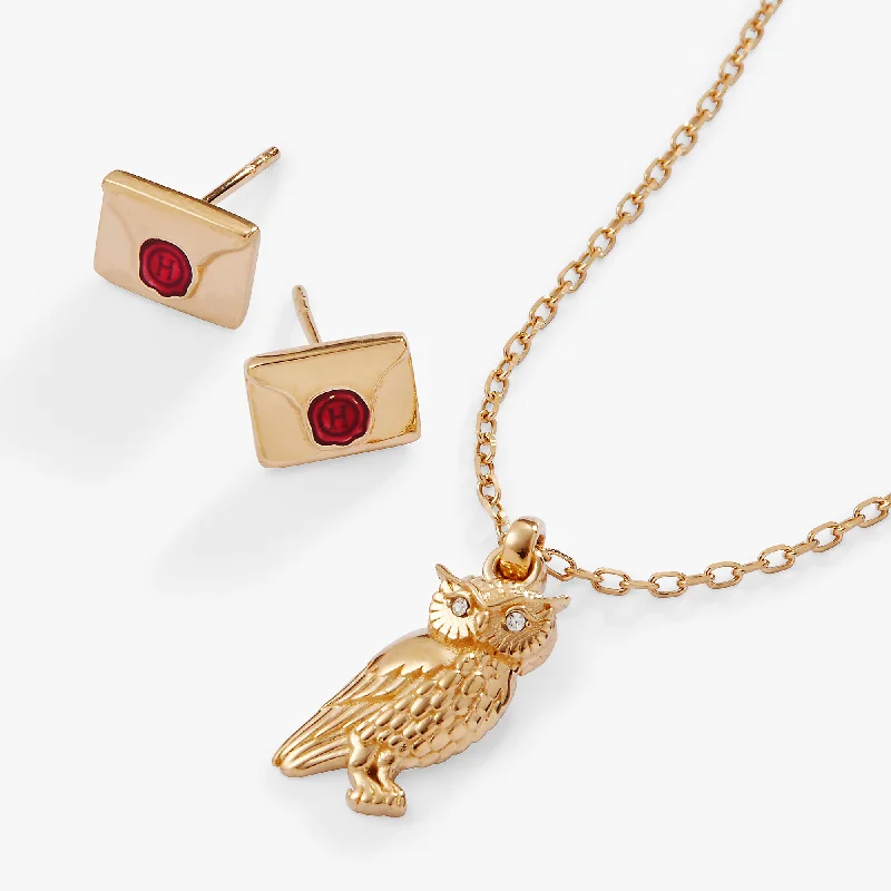 colored stone necklaces for women-Harry Potter™ Owl and Hogwarts Letter Necklace and Earring Set, 14kt Gold Plated