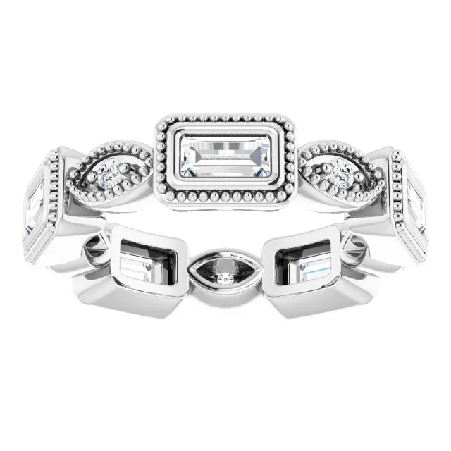 classic rings for women-0.77 ct. Straight Baguette & Round Diamond Eternity Band Milgrain Accent Ring