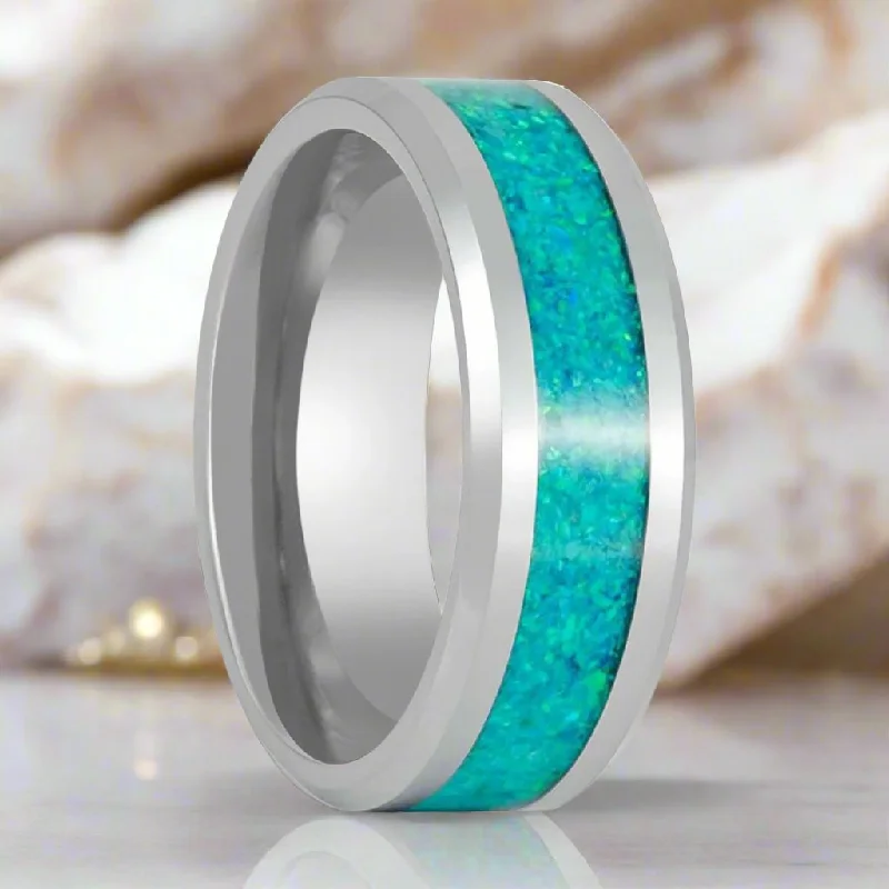 turquoise rings for women-OCEARA | Silver Tungsten Ring, Kiwi Green Opal Inlay, Beveled