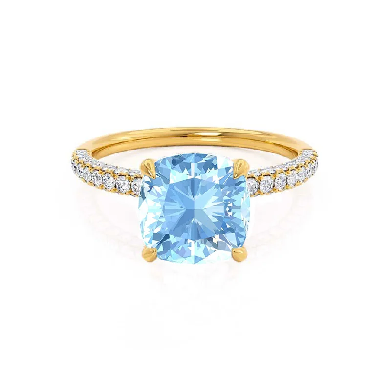 high-end engagement rings-COCO - Chatham® Cushion Aqua Spinel & Diamond 18k Yellow Gold Hidden Halo Triple Pavé Shoulder Set