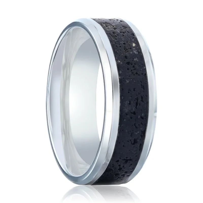 diamond cocktail rings for women-MAUNA | Titanium Ring Black And Gray Lava Inlay