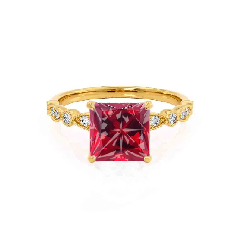 princess cut diamond engagement rings-HOPE - Chatham® Princess Ruby & Diamond 18k Yellow Gold Vintage Shoulder Set