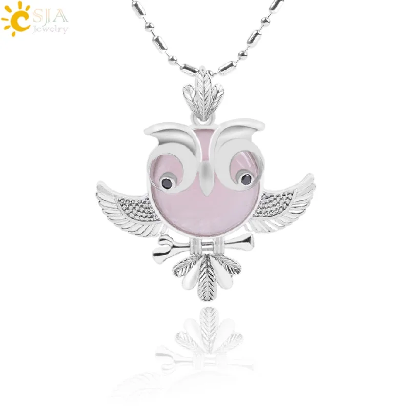 trendy pendant necklaces for women-Soft Natural Round Gem Stone Owl Bird Necklace Pendants (Available in Opal, Purple, Pink, Quartz and more)