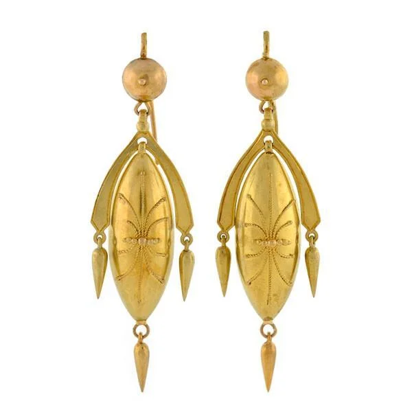 multi-colored earrings for women-Victorian 14kt Yellow Gold Etruscan Drop Earrings