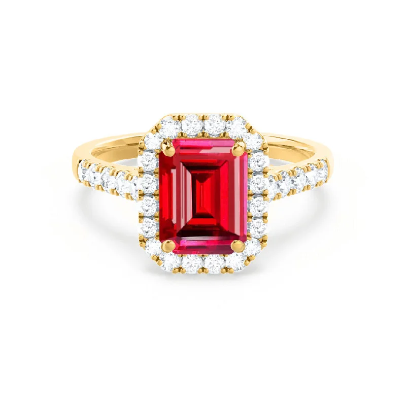 round diamond engagement rings-ESME - Chatham® Emerald Lab-Grown Ruby & Diamond 18k Yellow Gold Halo