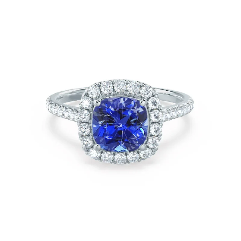 custom diamond engagement rings-VIOLETTE - Chatham® Cushion Blue Sapphire & Diamond 950 Platinum Petite Halo Ring