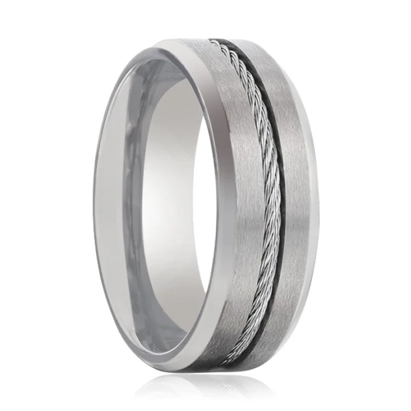 minimalist rings for women-ALBERT | Silver Titanium Ring, Steel Cable Inlay, Beveled