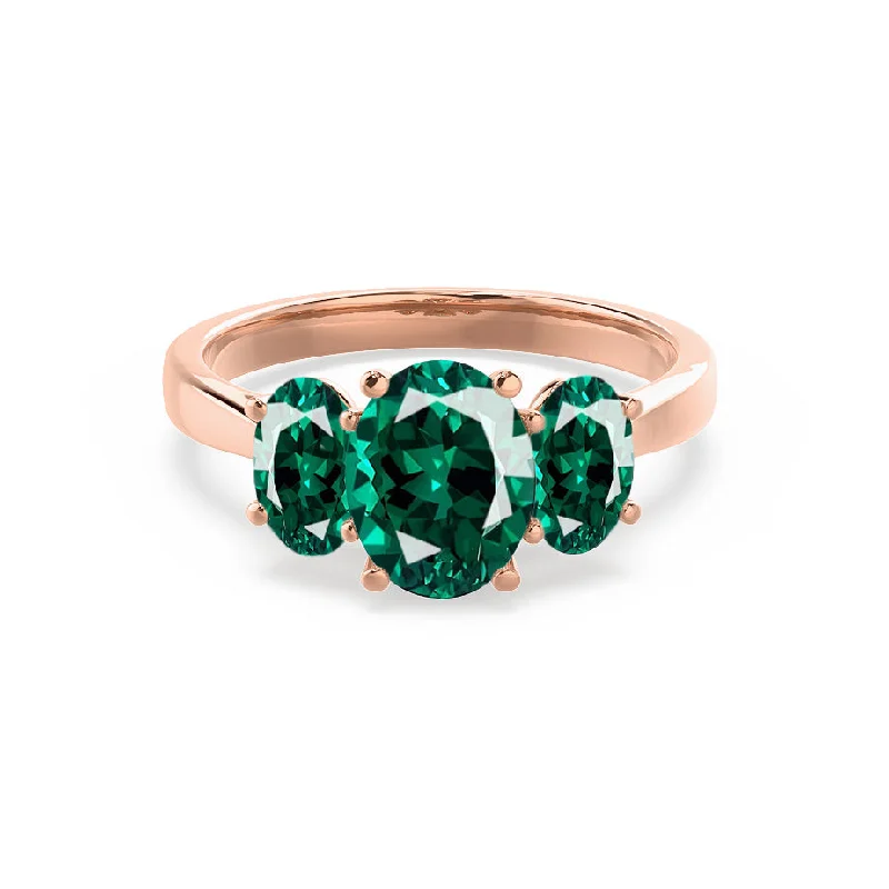 custom-cut engagement rings-EVERDEEN - Chatham® Oval Emerald 18k Rose Gold Trilogy Ring