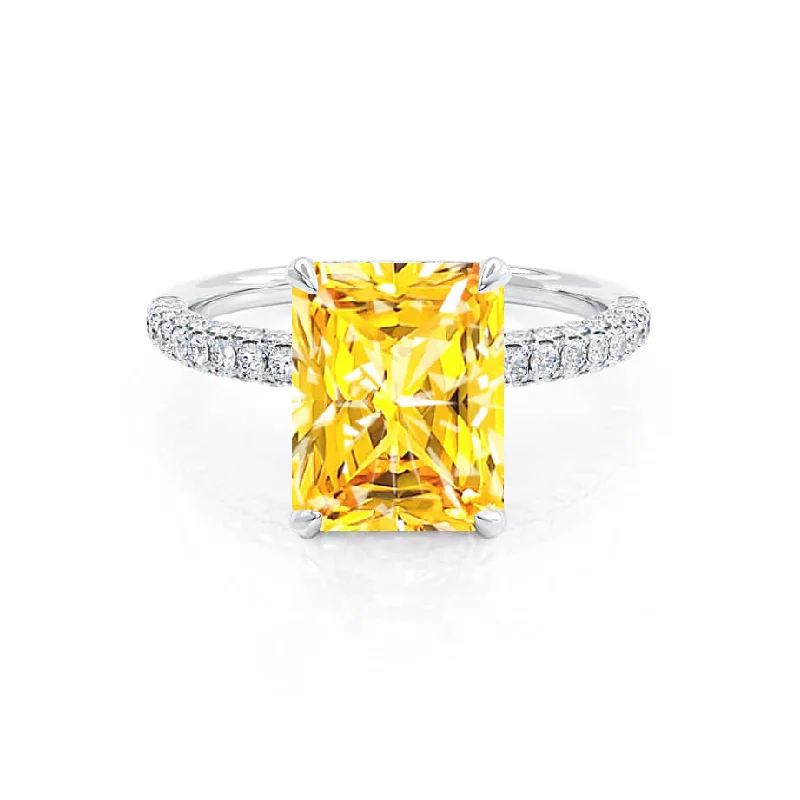 elegant gold engagement rings-COCO - Chatham® Radiant Yellow Sapphire & Diamond 18k White Gold Petite Hidden Halo Triple Pavé Shoulder Set Ring