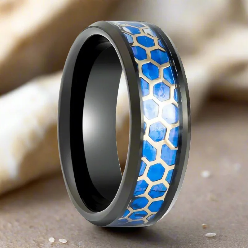 gold rings for women-YANKTON | Black Tungsten Ring, Honeycomb Blue Opal Inlay, Beveled