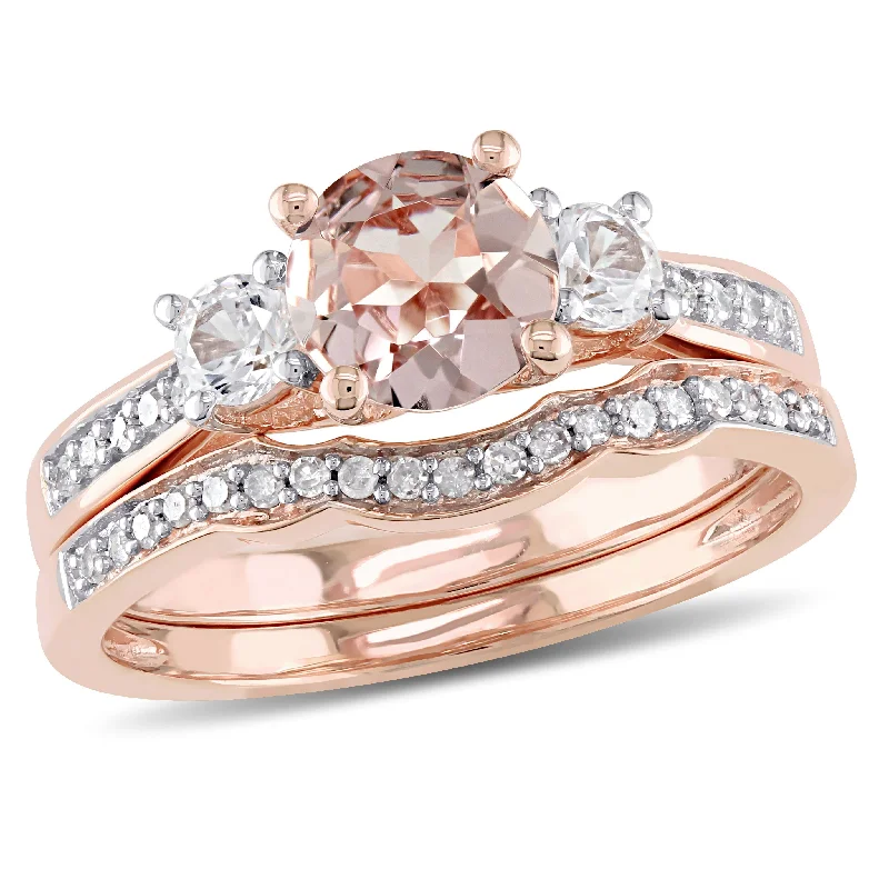 bold engagement rings-Mimi & Max Morganite, Created White Sapphire and 1/7ct TW Diamond 3-Stone Bridal Ring Set in 10k Rose Gold