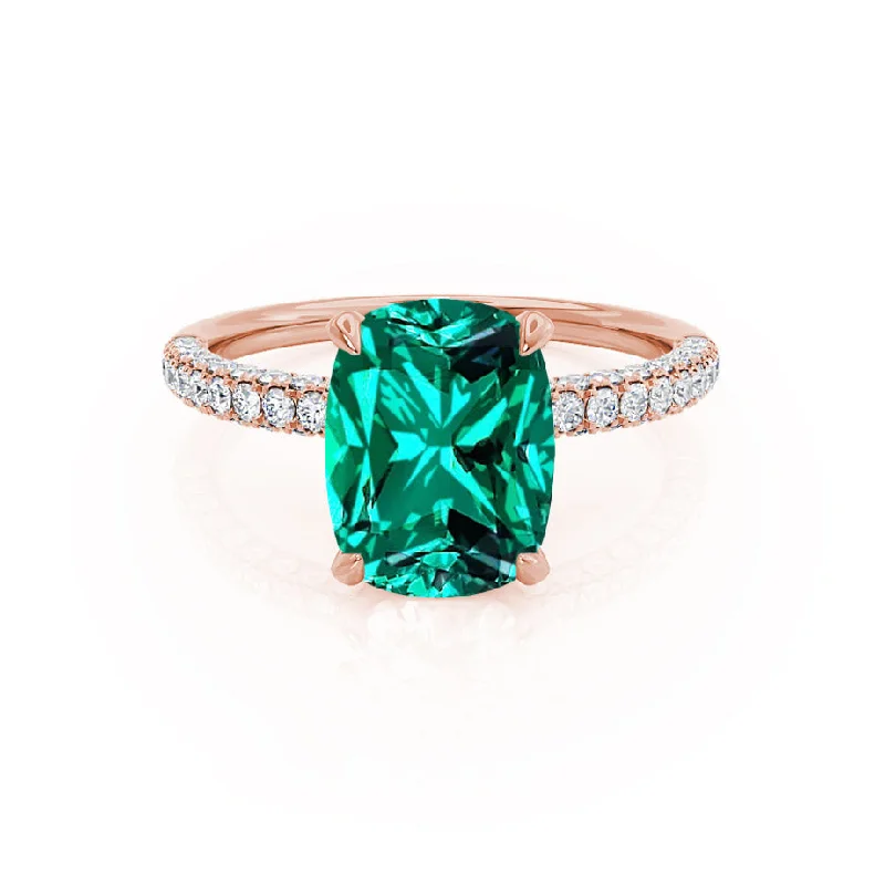 silver engagement rings-COCO - Chatham® Elongated Cushion Cut Emerald 18k Rose Gold Petite Hidden Halo Triple Pavé