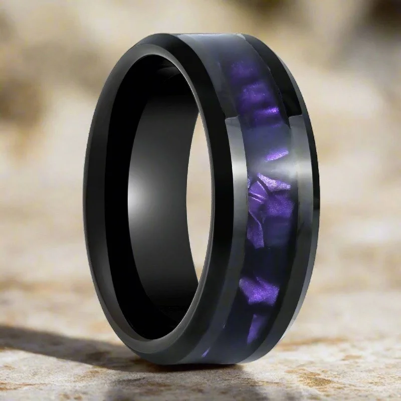 diamond rings with side stones for women-LUSTERS | Black Tungsten Ring, Purple Tiger Cowrie Inlay, Beveled