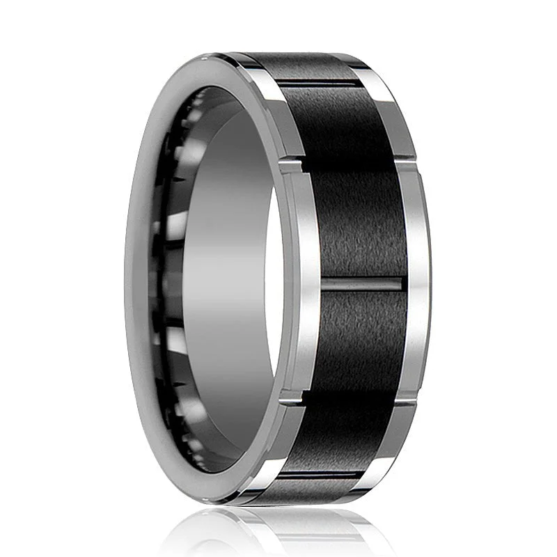 rose gold rings for women-ROCHESTER | Tungsten Ring Horizontal Grooved Black