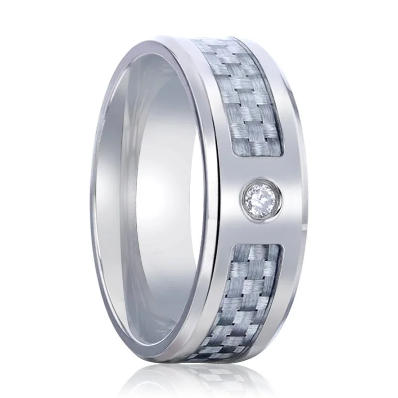 promise rings for women-MAYBACH | Silver Titanium Ring, Diamond Stone, Light Gray Carbon Fiber Inlay, Beveled