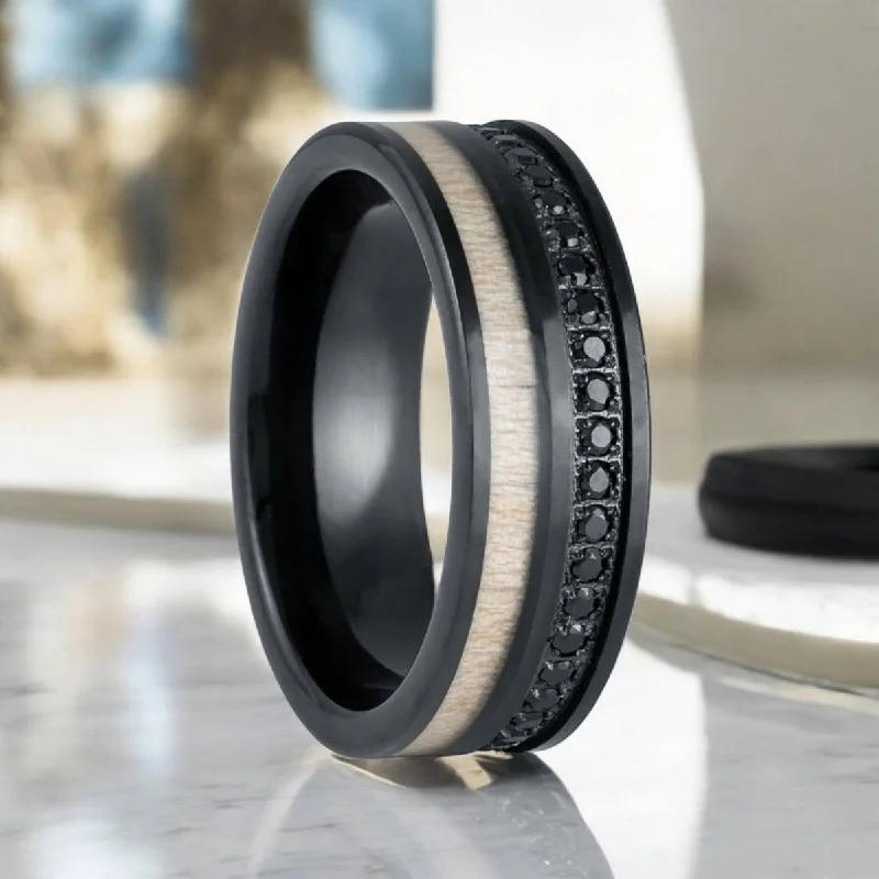 vintage rings for women-NIGHTMERE | Black Tungsten Ring, Black Diamond Stimulated CZ, White Wood Inlay