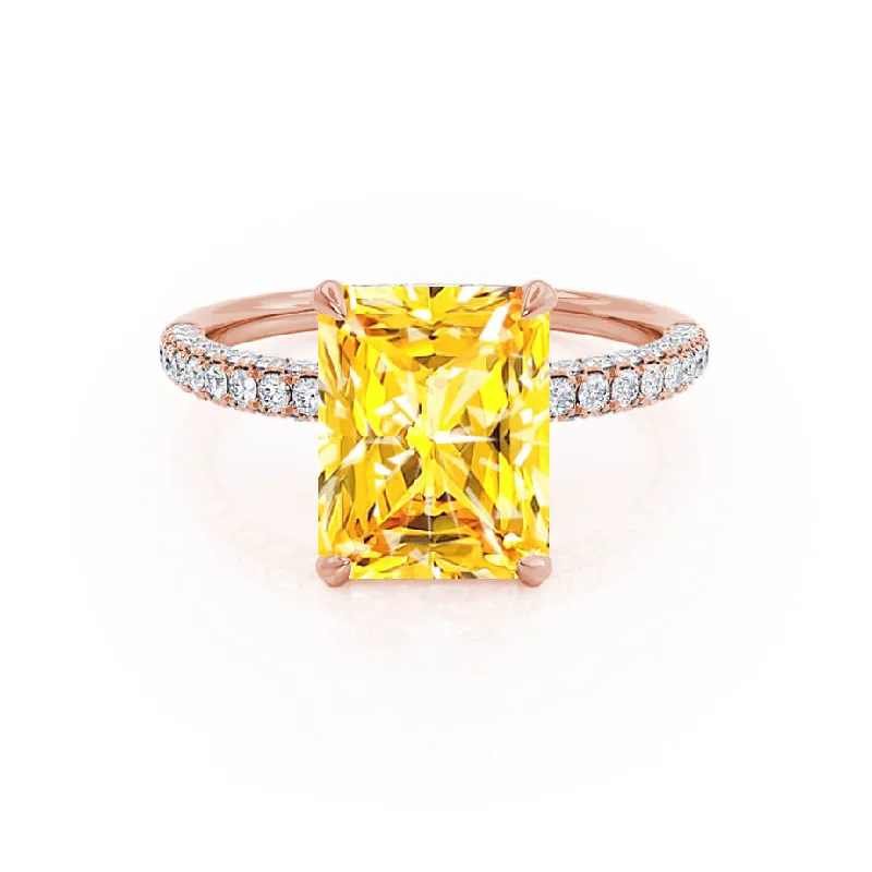 custom engagement ring designs-COCO - Chatham® Radiant Yellow Sapphire & Diamond 18k Rose Gold Petite Hidden Halo Triple Pavé Shoulder Set Ring