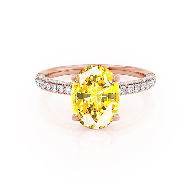 solitaire engagement rings-COCO - Chatham® Oval Yellow Sapphire & Diamond 18k Rose Gold Petite Hidden Halo Triple Pavé Shoulder Set Ring